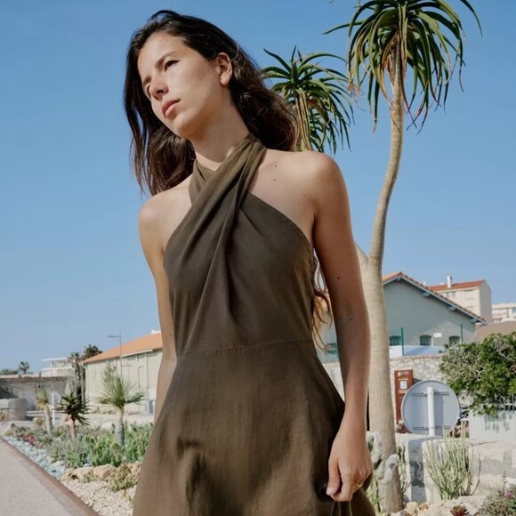 ZARA LINEN BLEND MIDI HALTER DRESS XS - Picture 1 of 4